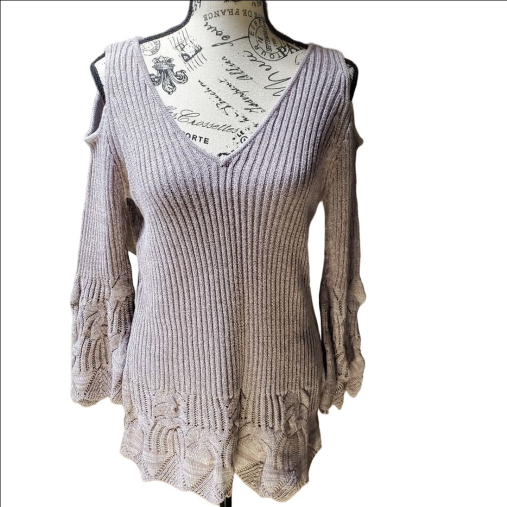 Allegra Gold Purple Cold Shoulder Ribbed Lace Sweater Large